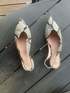 J. Crew Snake-Print Pointed Slingback Flats in Neutral Black & Cream